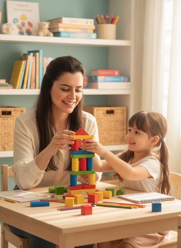 Dra. Jaqueline Begnini - Psicóloga e Neuropsicóloga Infantil durante atendimento psicoterapêutico com criança na clínica Infantástica em Cascavel-PR